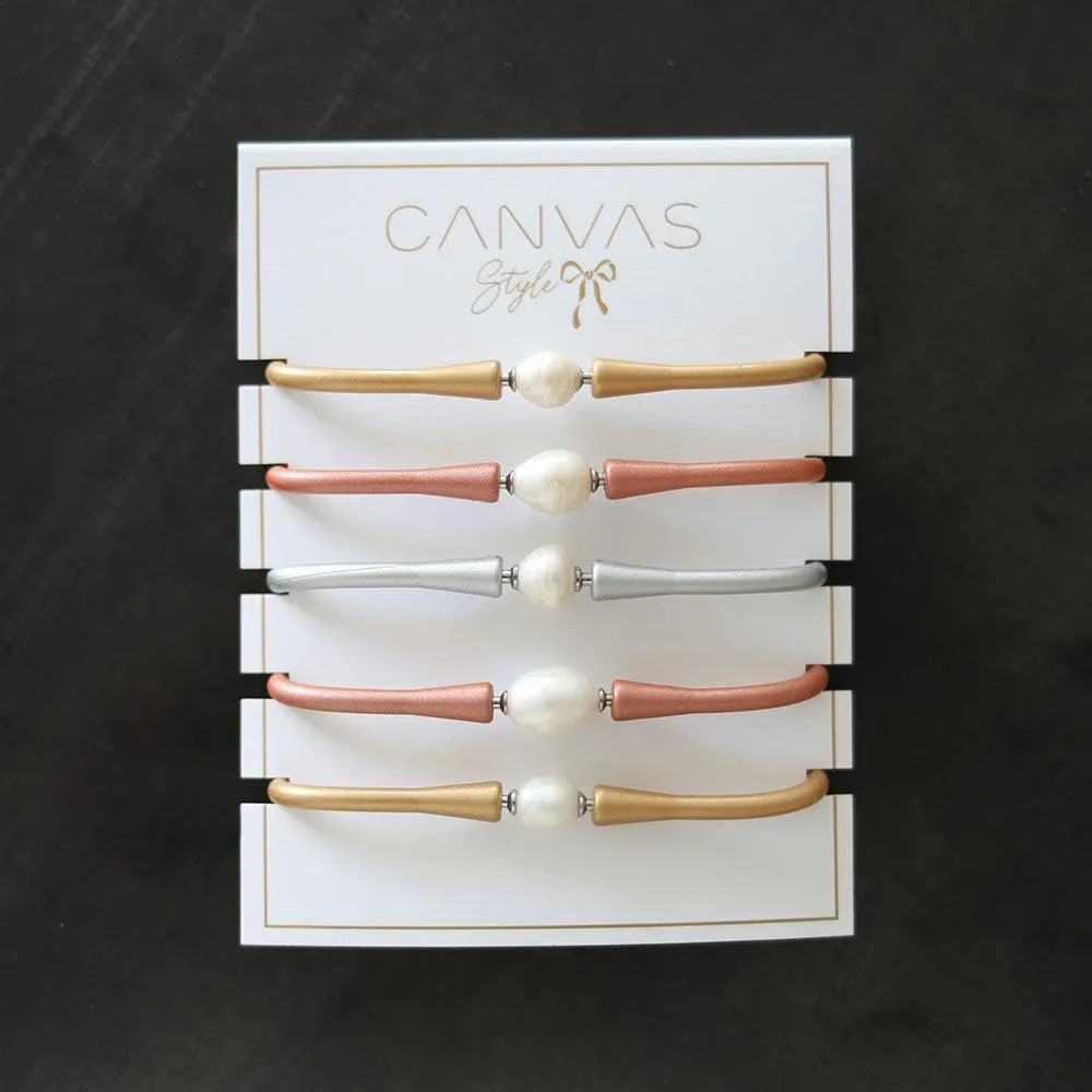 Bali Freshwater Pearl Silicone Bracelet Stack of 5 in Metallic Gold, Metallic Bronze & Metallic Silver sold by Canvas Style product image thumbnail 2