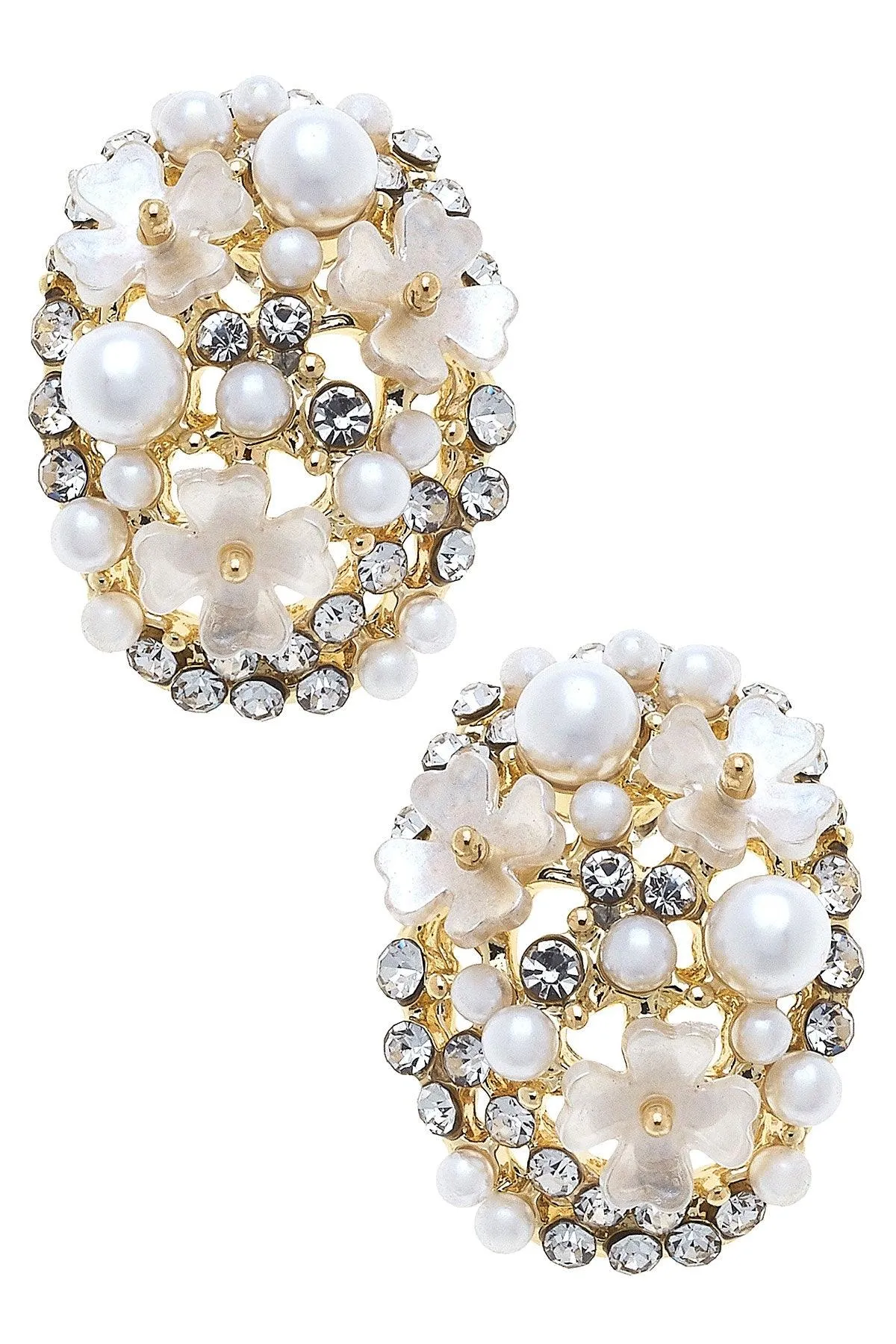 Genevieve Pearl & Rhinestone Flower Stud Earrings in Ivory sold by Canvas Style