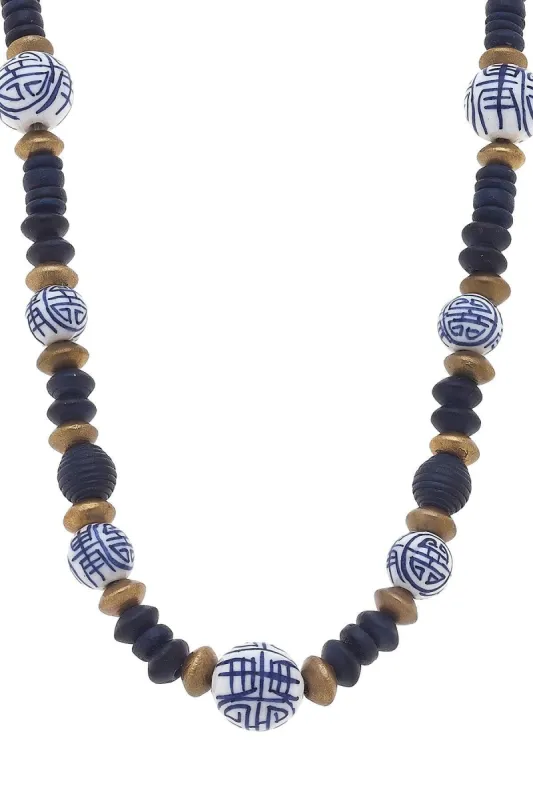 Mallory Blue & White Chinoiserie & Painted Wood Necklace - FINAL SALE sold by Canvas Style