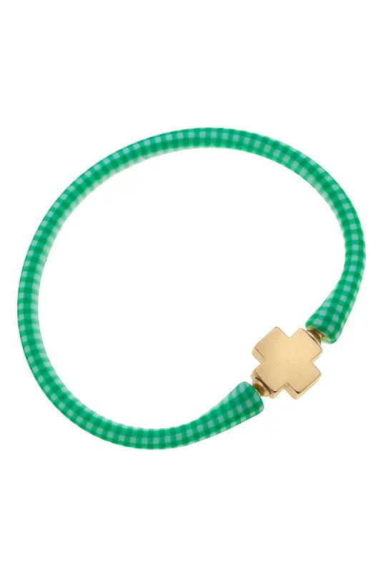 Bali 24K Gold Plated Cross Bead Silicone Bracelet in Green Gingham - FINAL SALE sold by Canvas Style