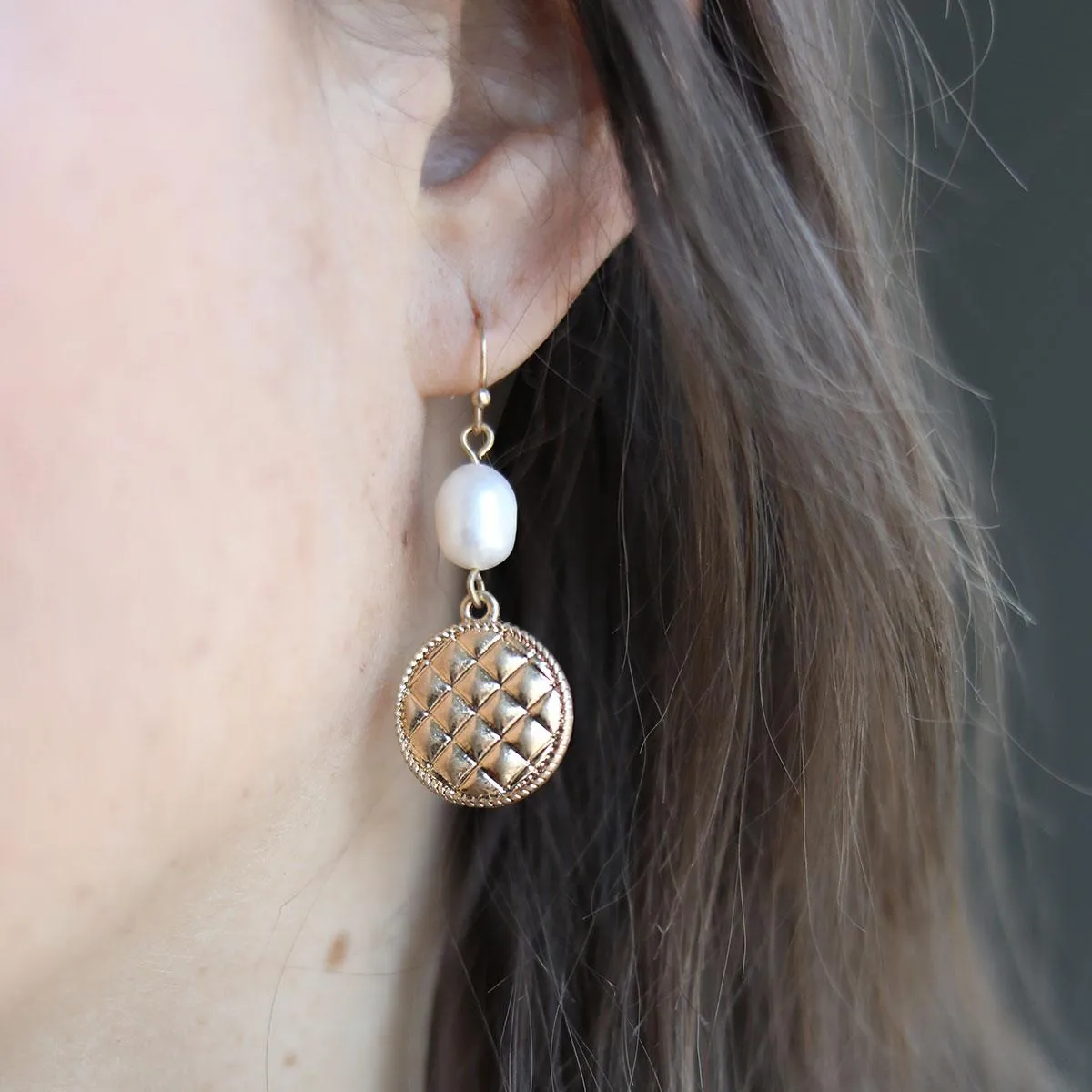 Andee Pearl & Quilted Metal Disc Drop Earrings in Worn Gold sold by Canvas Style product image thumbnail 2
