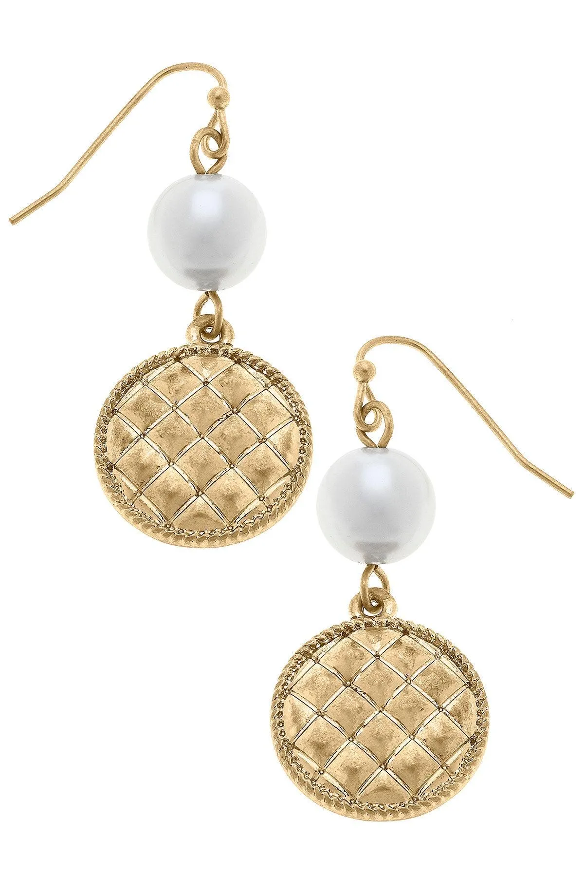 Andee Pearl & Quilted Metal Disc Drop Earrings in Worn Gold sold by Canvas Style