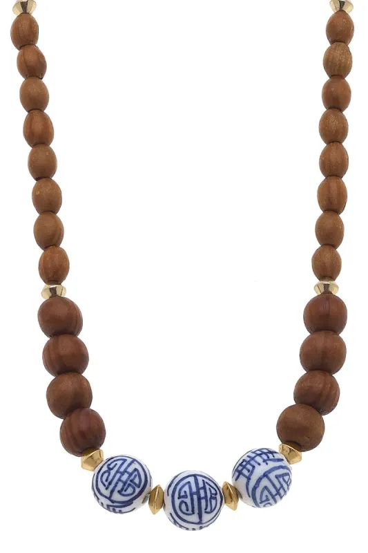 Oakley Blue & White Chinoiserie & Wood Necklace in Brown sold by Canvas Style