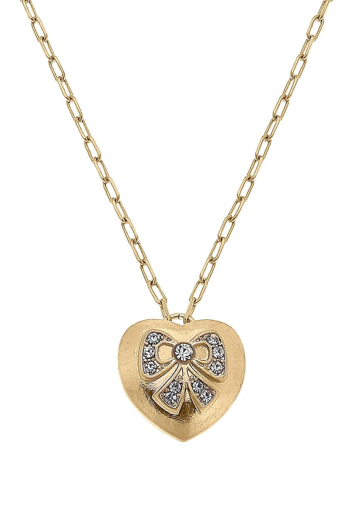 Rylan Pavé Bow Heart Pendant Necklace in Worn Gold sold by Canvas Style