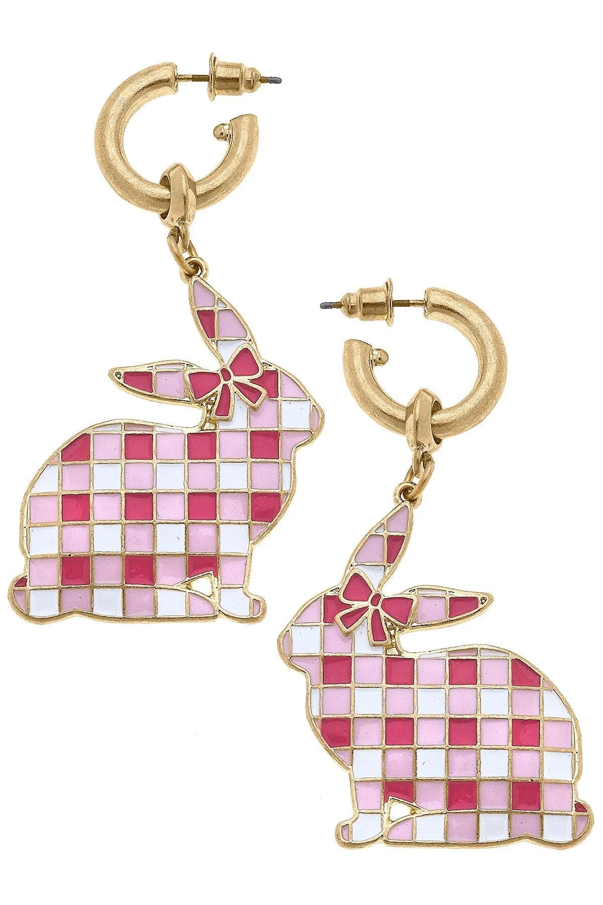 Stella Enamel Gingham Bunny Earrings in Pink & White - FINAL SALE sold by Canvas Style