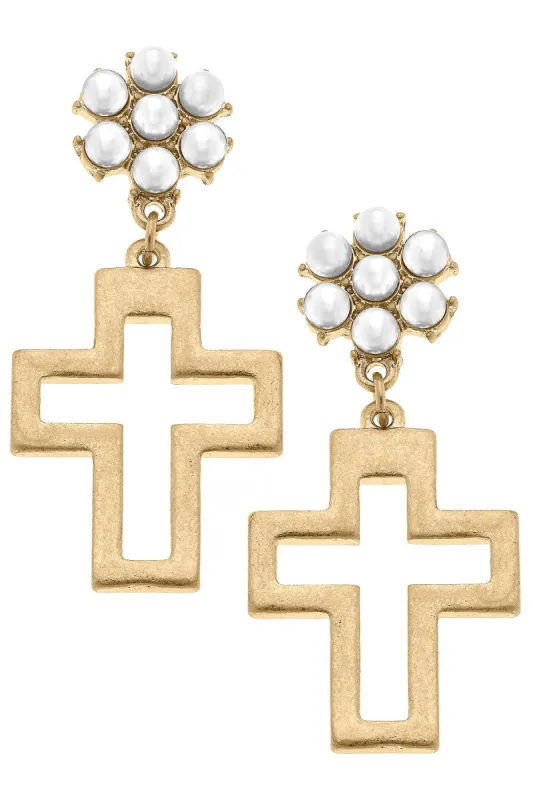 Charlotte Cross Pearl Cluster Drop Earrings in Worn Gold sold by Canvas Style
