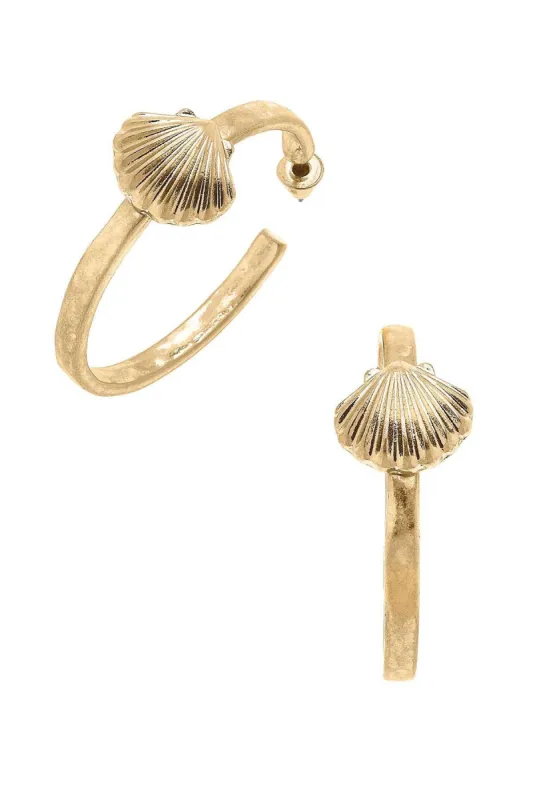 Scallop Shell Hoop Earrings in Worn Gold sold by Canvas Style