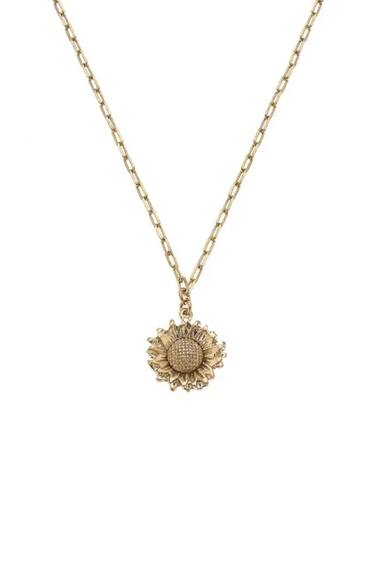 Rosalind Sunflower Charm Necklace in Worn Gold sold by Canvas Style