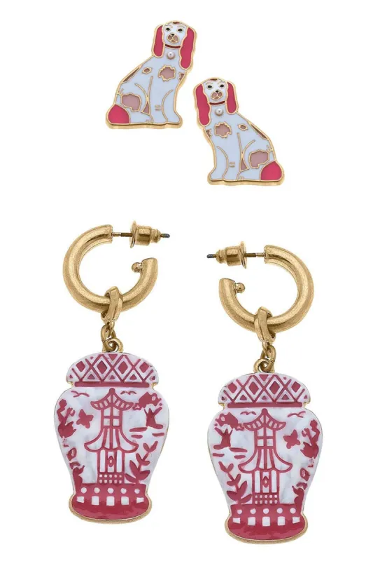Daphne Staffordshire Dog Stud and Aubree Pagoda Ginger Jar Earring Set sold by Canvas Style