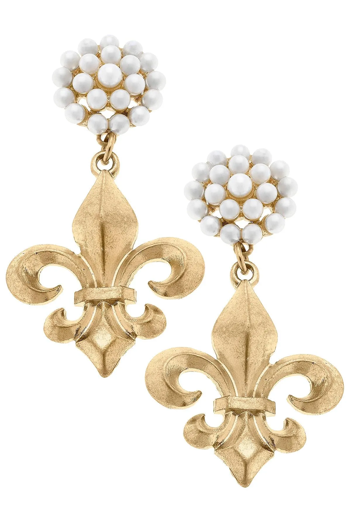 Manon Bourbon Fleur de Lis & Pearl Cluster Drop Earrings in Worn Gold sold by Canvas Style