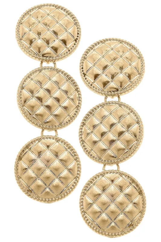 Beatrice Quilted Metal Triple Disc Drop Earrings in Worn Gold sold by Canvas Style