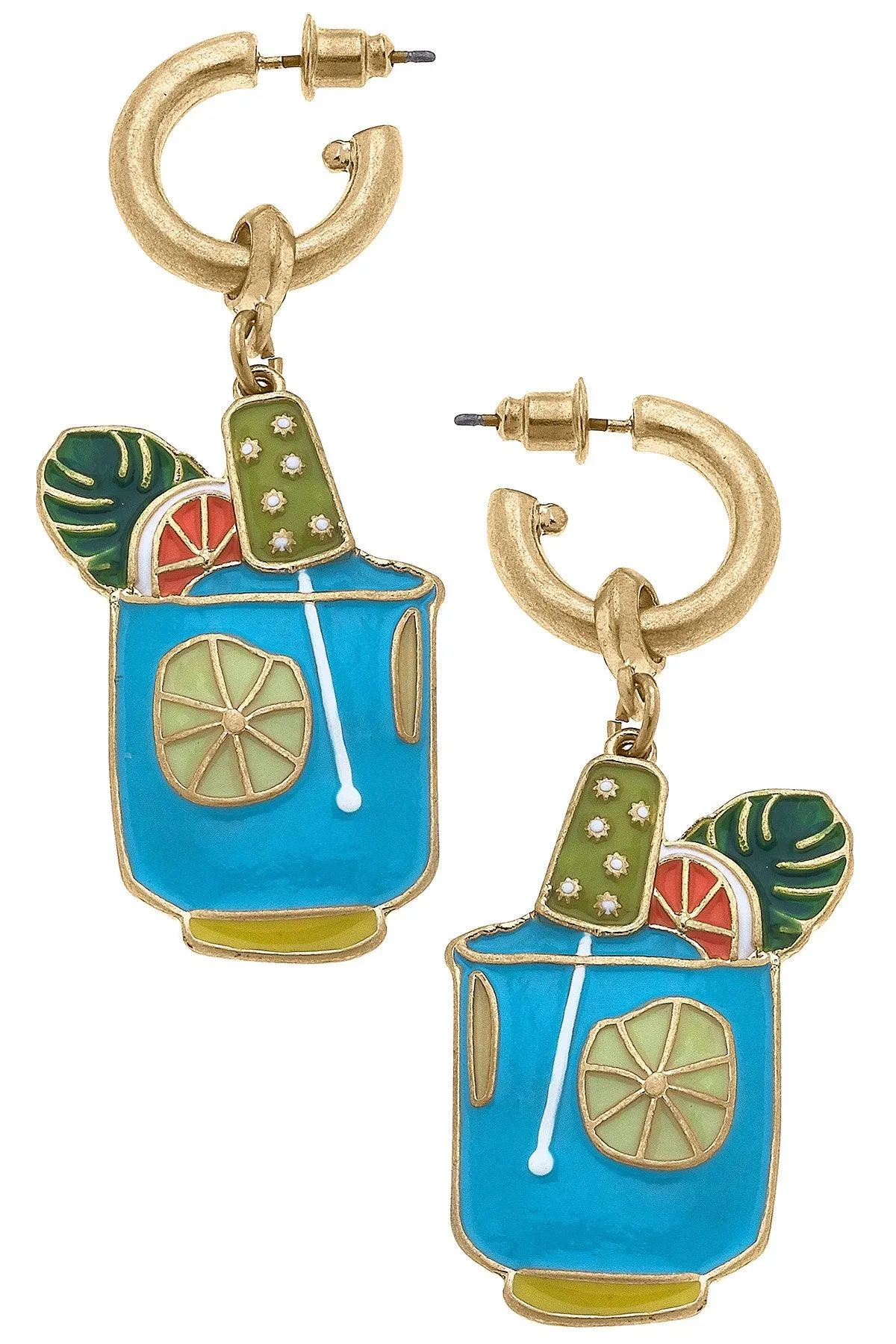 Poolside Cocktail Enamel Drop Hoop Earrings in Aqua Multi sold by Canvas Style
