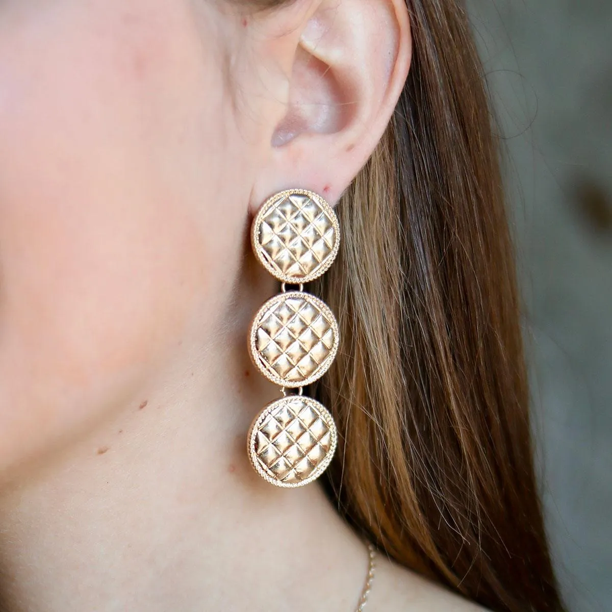 Beatrice Quilted Metal Triple Disc Drop Earrings in Worn Gold sold by Canvas Style product image thumbnail 3