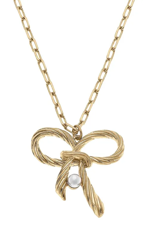 Amy Bow & Pearl Pendant Necklace in Worn Gold - FINAL SALE sold by Canvas Style