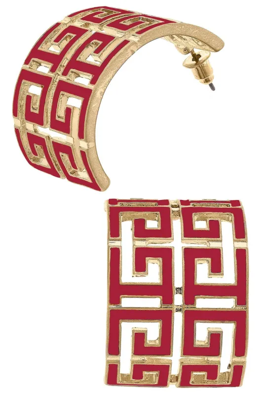 Brennan Game Day Greek Keys Enamel Hoop Earrings in Crimson sold by Canvas Style