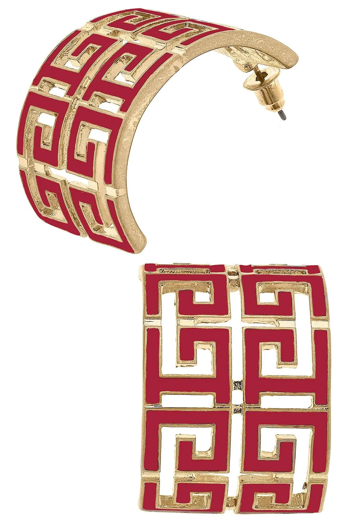 Brennan Game Day Greek Keys Enamel Hoop Earrings in Crimson sold by Canvas Style