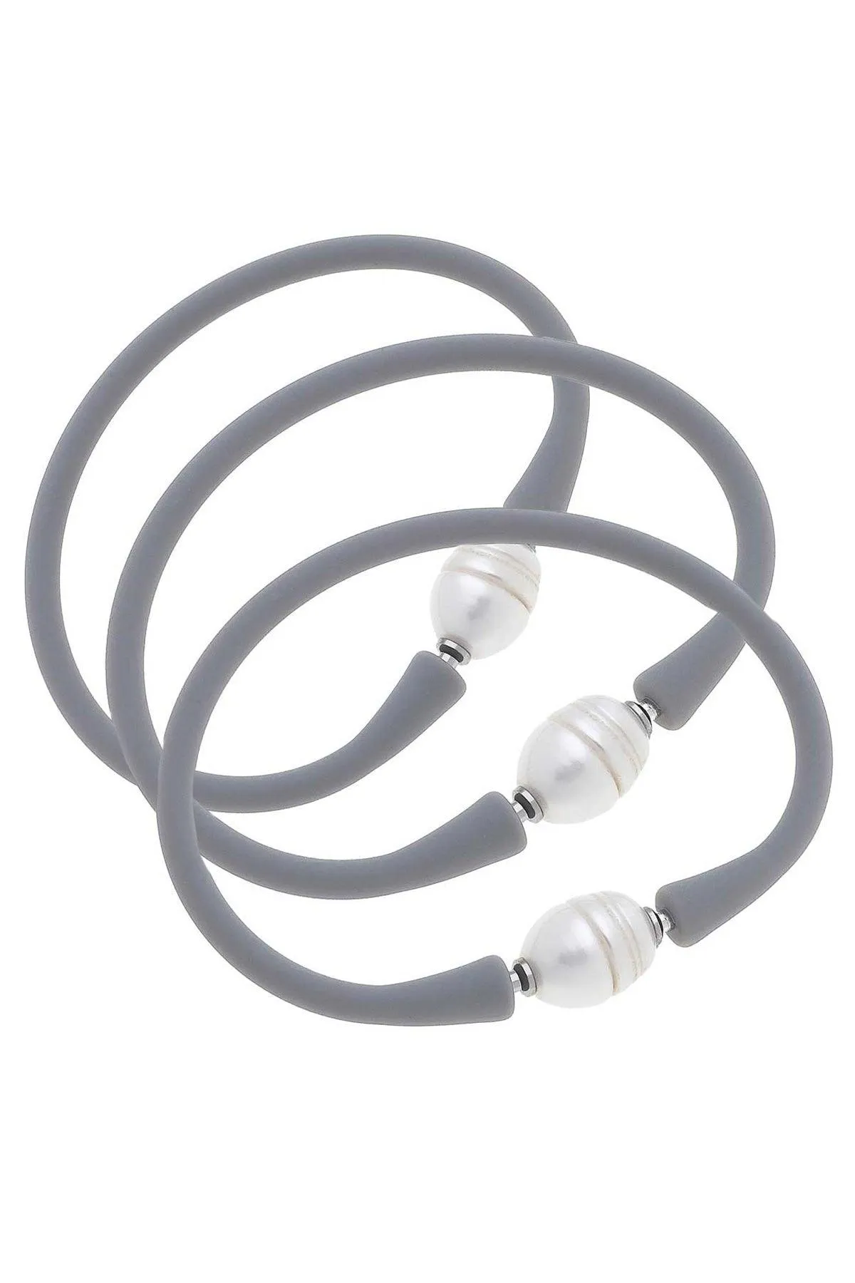 Bali Freshwater Pearl Silicone Bracelet Set of 3 in Steel Grey - FINAL SALE sold by Canvas Style