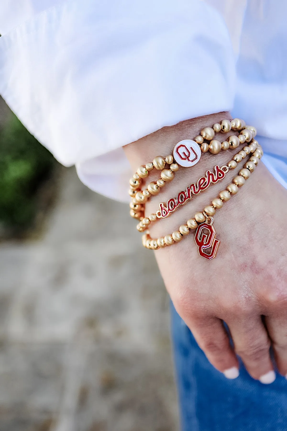 Oklahoma Sooners 2-Row Ball Bead Stretch Bracelet sold by Canvas Style product image thumbnail 2