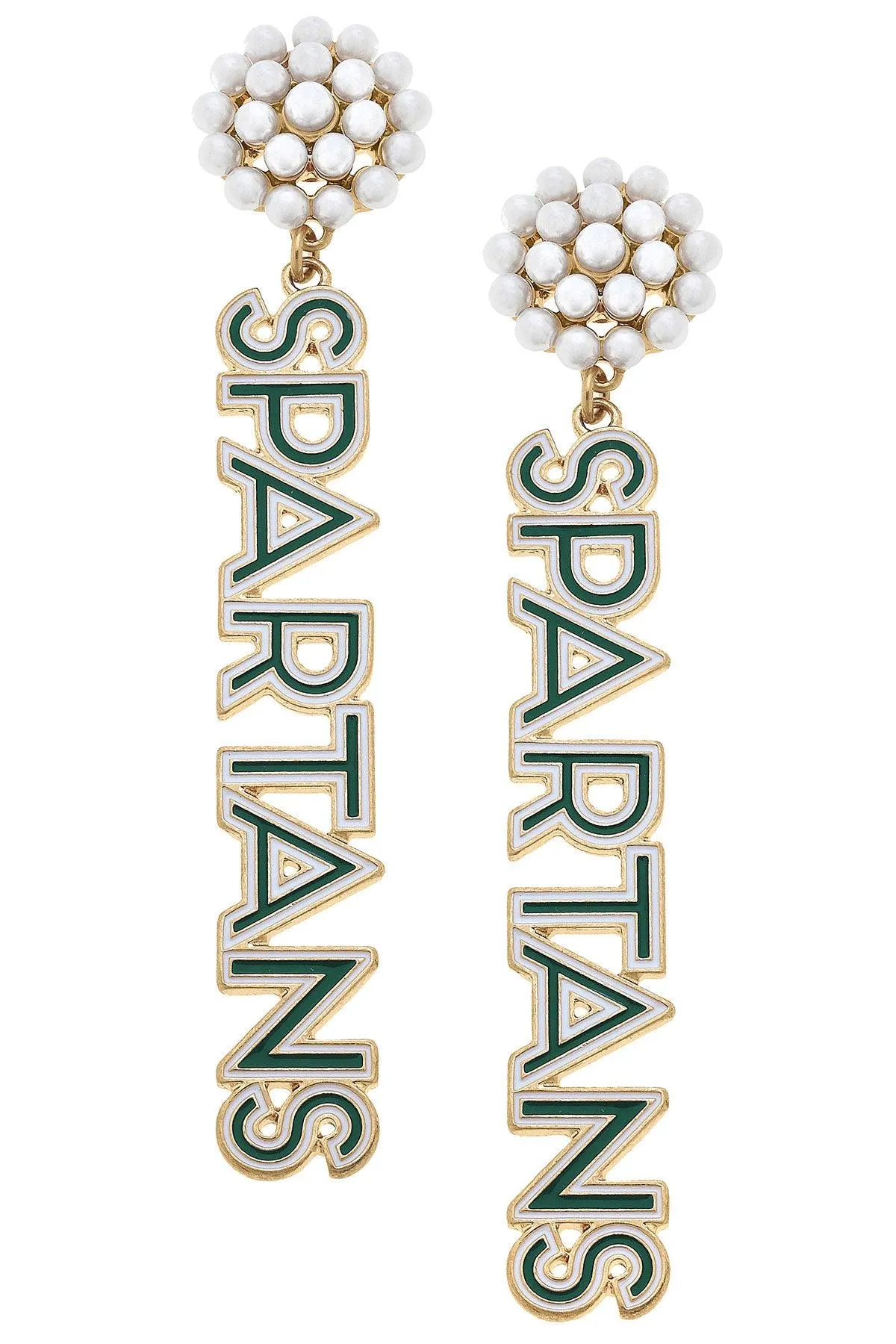 Michigan State Spartans Pearl Cluster Outline Enamel Drop Earrings sold by Canvas Style
