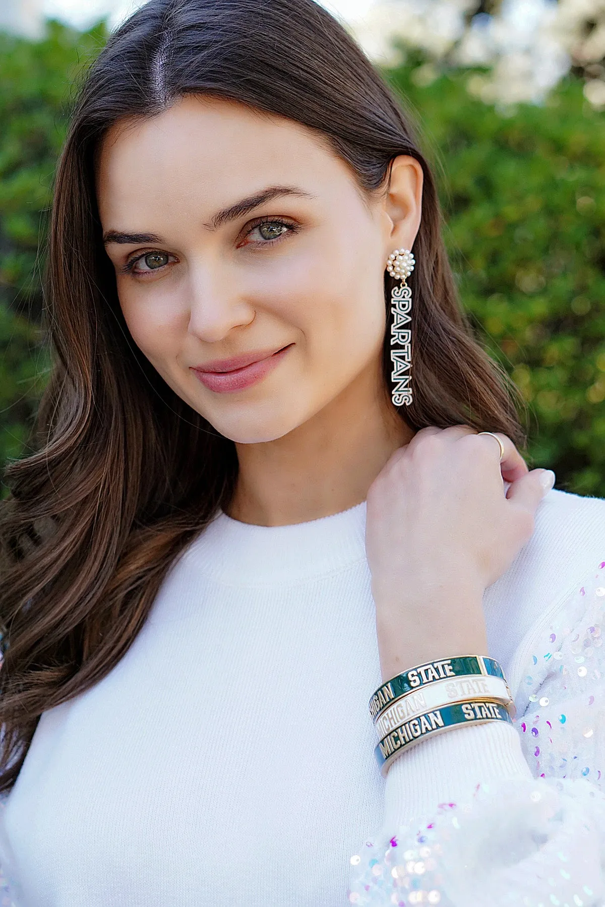 Michigan State Spartans Pearl Cluster Outline Enamel Drop Earrings sold by Canvas Style product image thumbnail 2