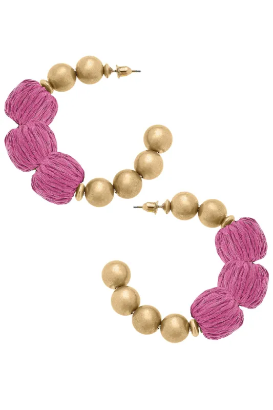 Barbados Raffia and Ball Bead Hoop Earrings in Pink - FINAL SALE sold by Canvas Style