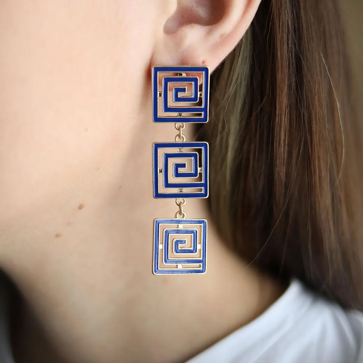 Gretchen Game Day Greek Keys Linked Enamel Earrings in Blue sold by Canvas Style product image thumbnail 2