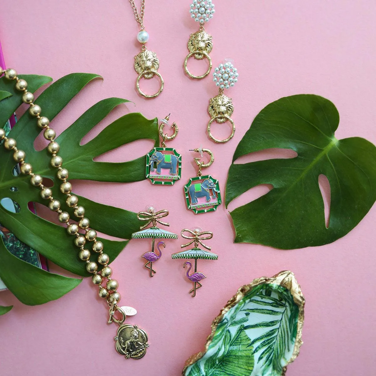 Honor Enamel Elephant & Bamboo Earrings in Green & Pink sold by Canvas Style product image thumbnail 2