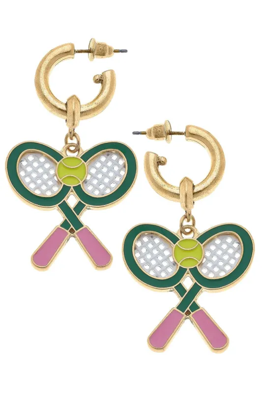 Sloan Tennis Racquet Enamel Drop Hoop Earrings in Green & Pink sold by Canvas Style