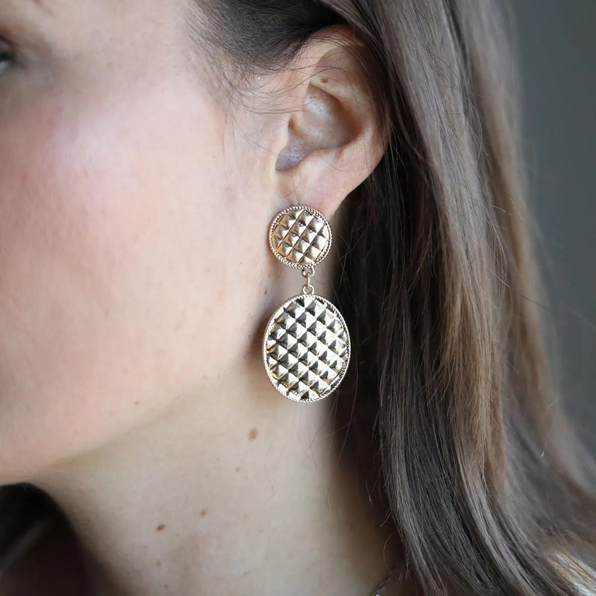 Christine Quilted Metal Oval Drop Earrings in Worn Gold sold by Canvas Style product image thumbnail 3