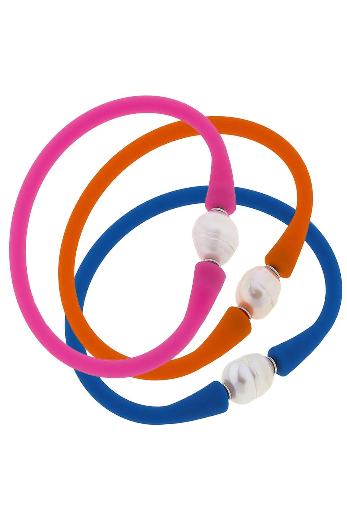 Bali Freshwater Pearl Silicone Bracelet Stack of 3 in Fuchsia, Orange & Blue - FINAL SALE sold by Canvas Style