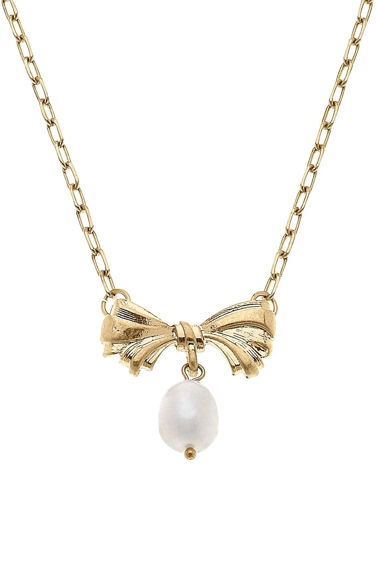 Cici Bow & Pearl Pendant Necklace in Worn Gold - FINAL SALE sold by Canvas Style