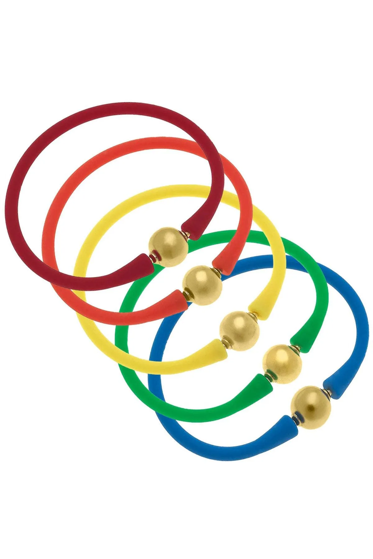 Bali 24K Gold Silicone Bracelet Stack of 5 in Red, Orange, Yellow, Green & Blue sold by Canvas Style