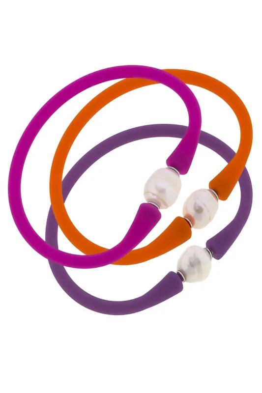 Bali Freshwater Pearl Silicone Bracelet Stack of 3 in Magenta, Orange & Purple - FINAL SALE sold by Canvas Style