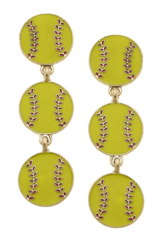 Softball Triple Drop Enamel Earrings in Fluorescent Yellow sold by Canvas Style