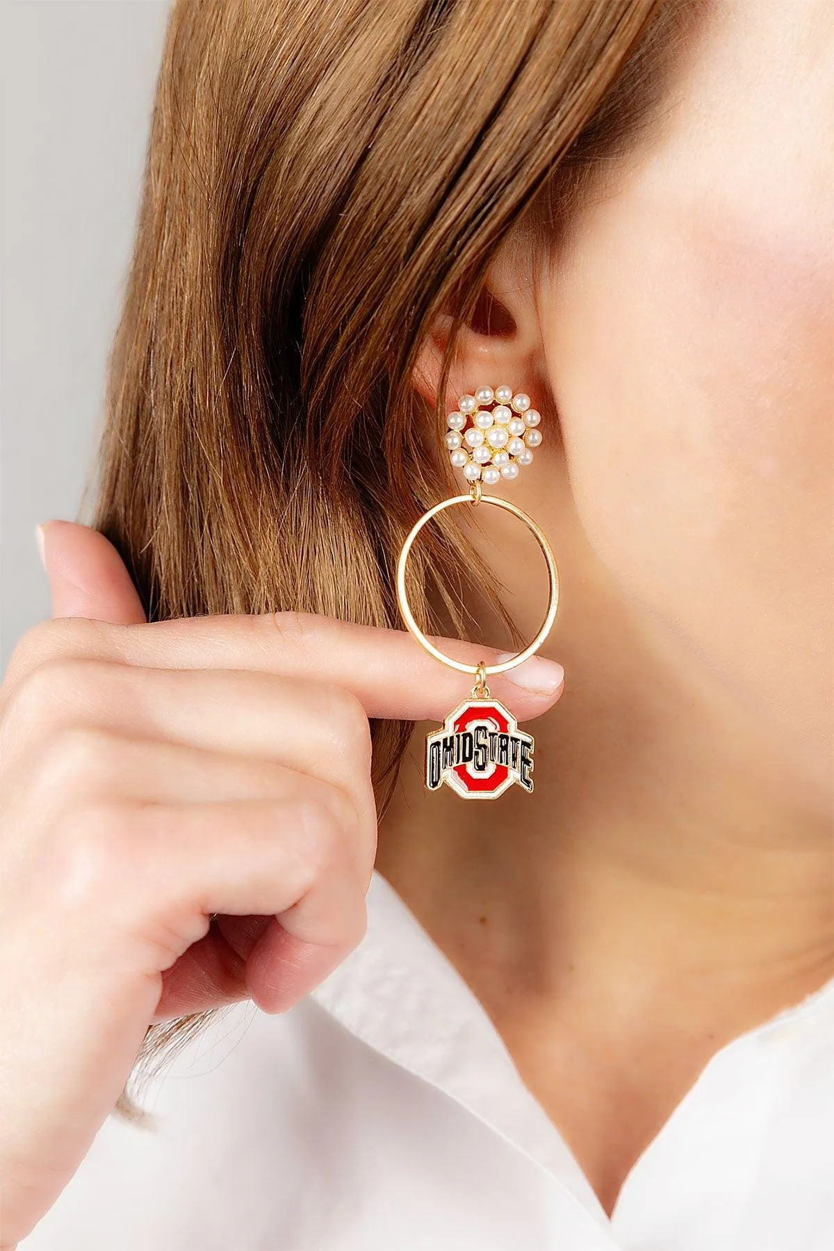 Ohio State Buckeyes Pearl Cluster Enamel Hoop Earrings in Scarlet - FINAL SALE sold by Canvas Style product image thumbnail 2