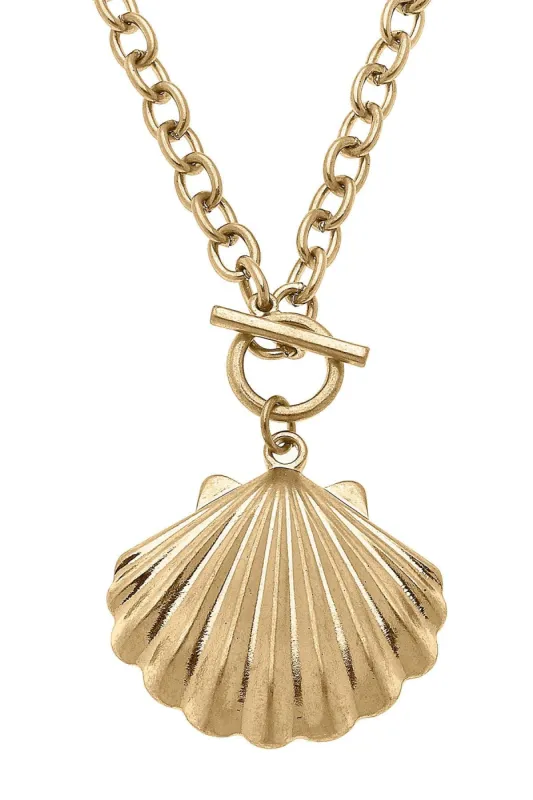 Scallop Shell T-Bar Pendant Necklace in Worn Gold sold by Canvas Style