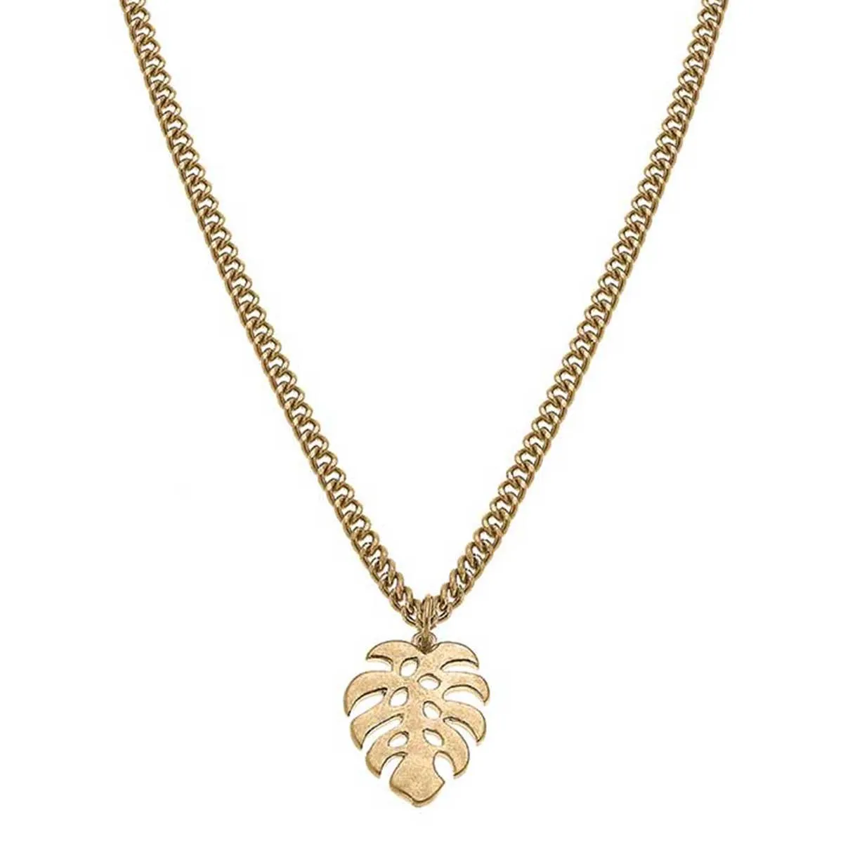 Monstera Leaf Charm Necklace in Worn Gold sold by Canvas Style