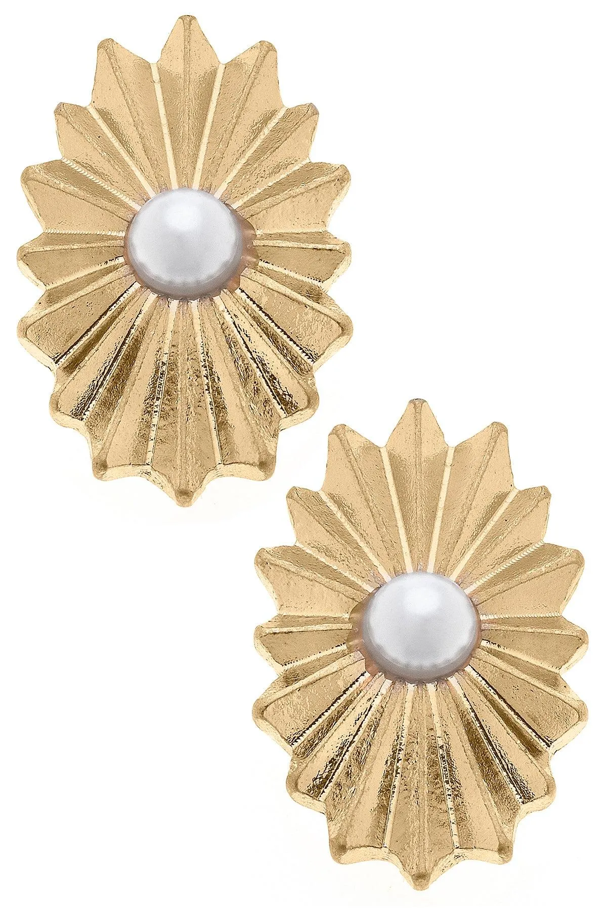 Bijou Sunburst Rosette & Pearl Stud Earrings in Worn Gold sold by Canvas Style