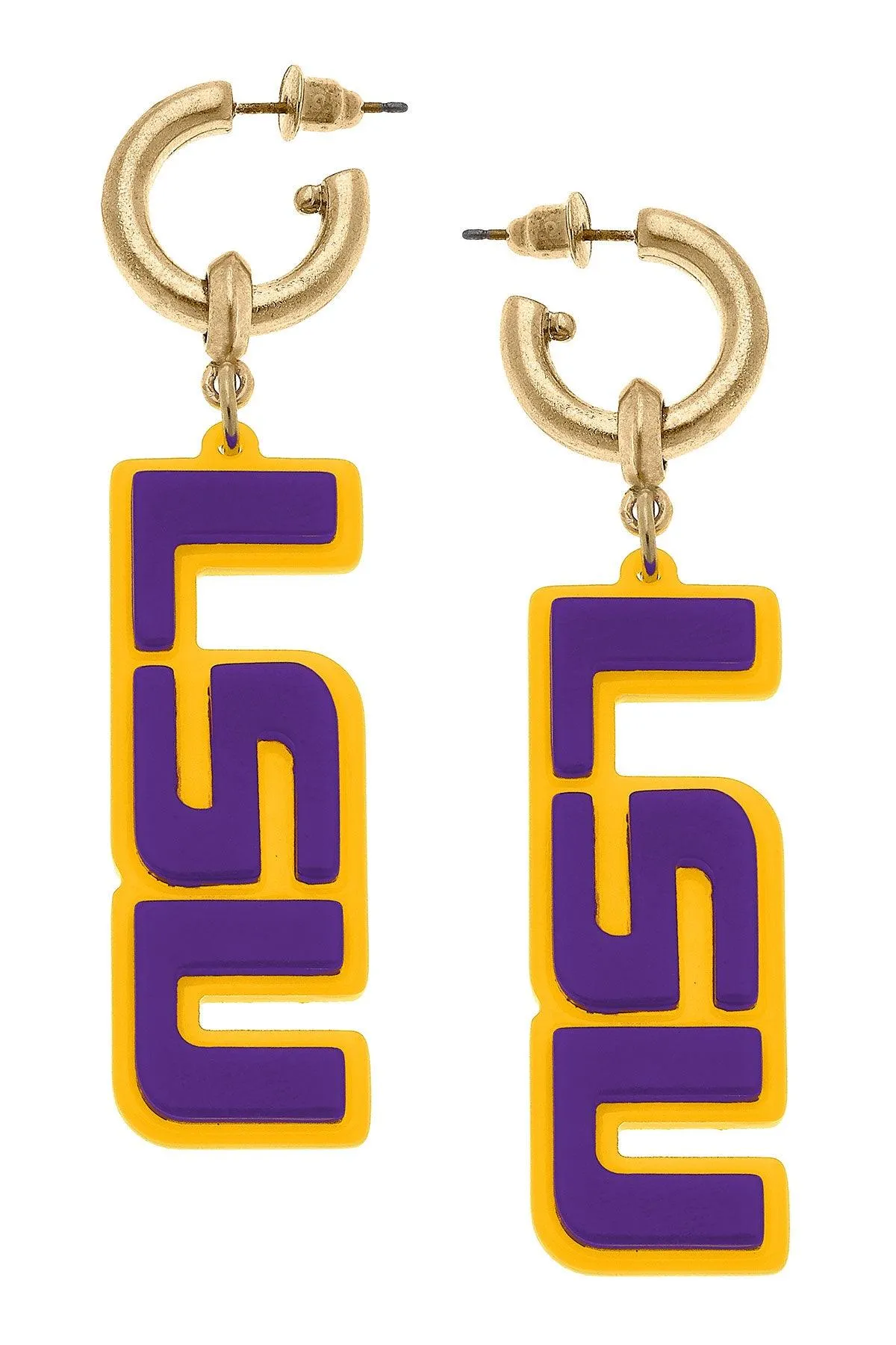 LSU Tigers Resin Logo Drop Hoop Earrings sold by Canvas Style