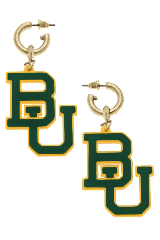 Baylor Bears Resin Logo Drop Hoop Earrings in Green/Gold sold by Canvas Style