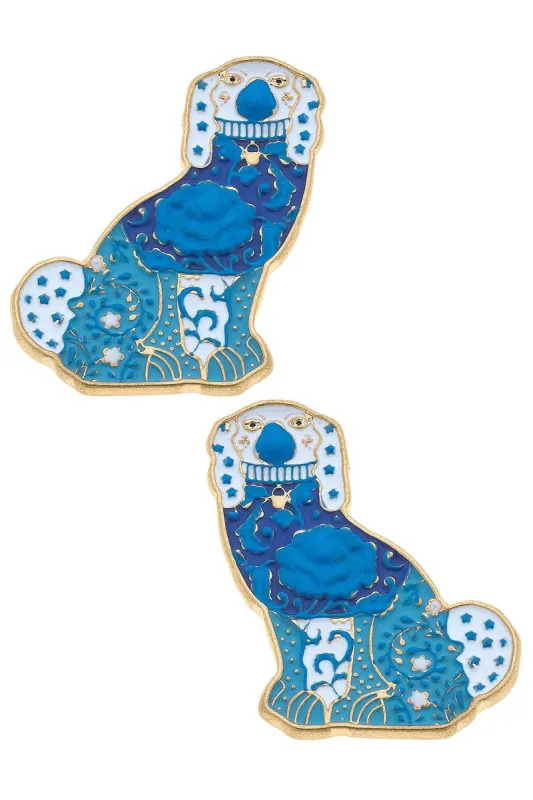 Lacey Enamel Staffordshire Dog Stud Earrings in Blue & White sold by Canvas Style
