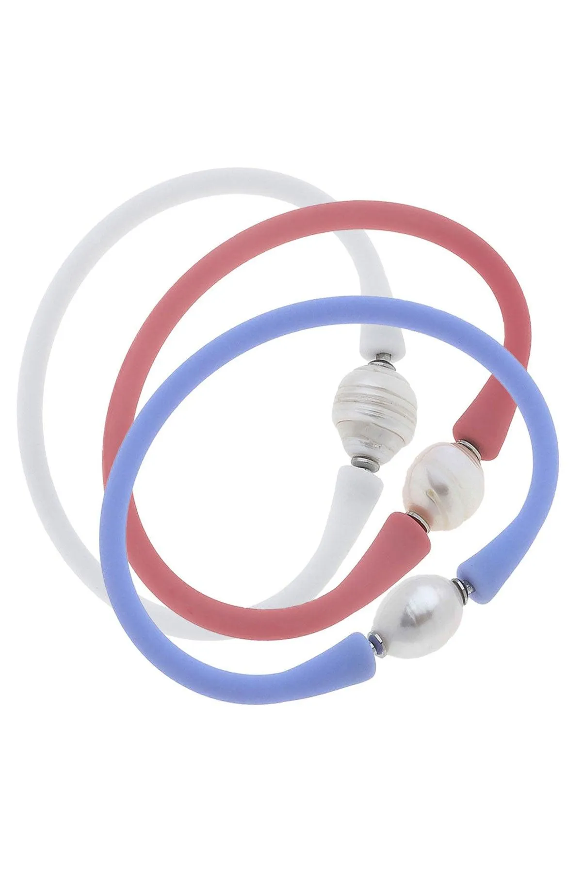 Bali Freshwater Pearl Silicone Bracelet Stack of 3 in Lilac, Pink & White sold by Canvas Style