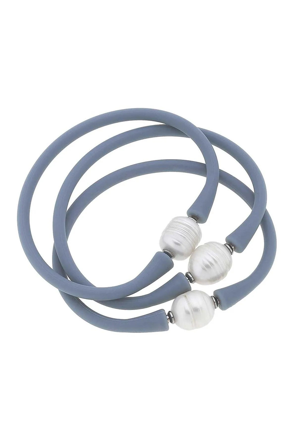 Bali Freshwater Pearl Silicone Bracelet Set of 3 in Blue Grey - FINAL SALE sold by Canvas Style