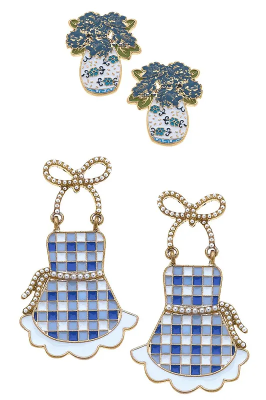 Sofia Hydrangea Ginger Jar Stud and Rose Apron Earring Set sold by Canvas Style