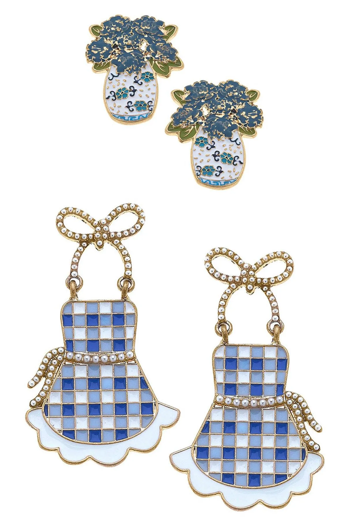 Sofia Hydrangea Ginger Jar Stud and Rose Apron Earring Set sold by Canvas Style