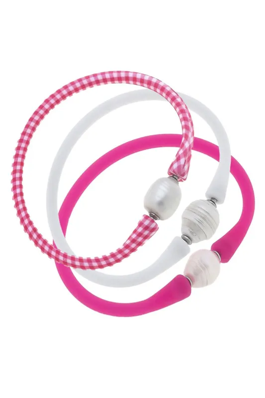 Bali Freshwater Pearl Silicone Bracelet Stack of 3 in Gingham Pink, White & Fuchsia sold by Canvas Style