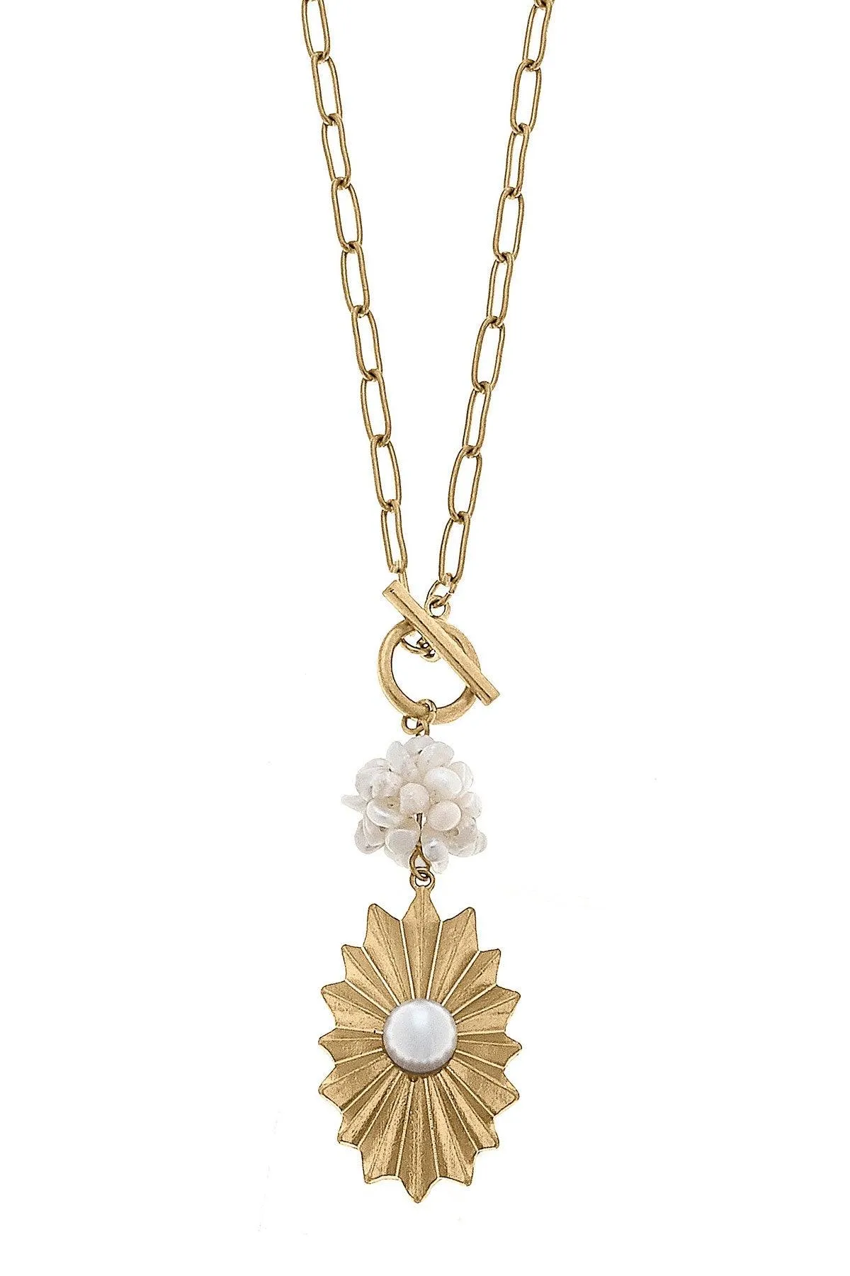 Bijou Sunburst Rosette & Pearl Cluster Pendant T-Bar Necklace in Worn Gold sold by Canvas Style
