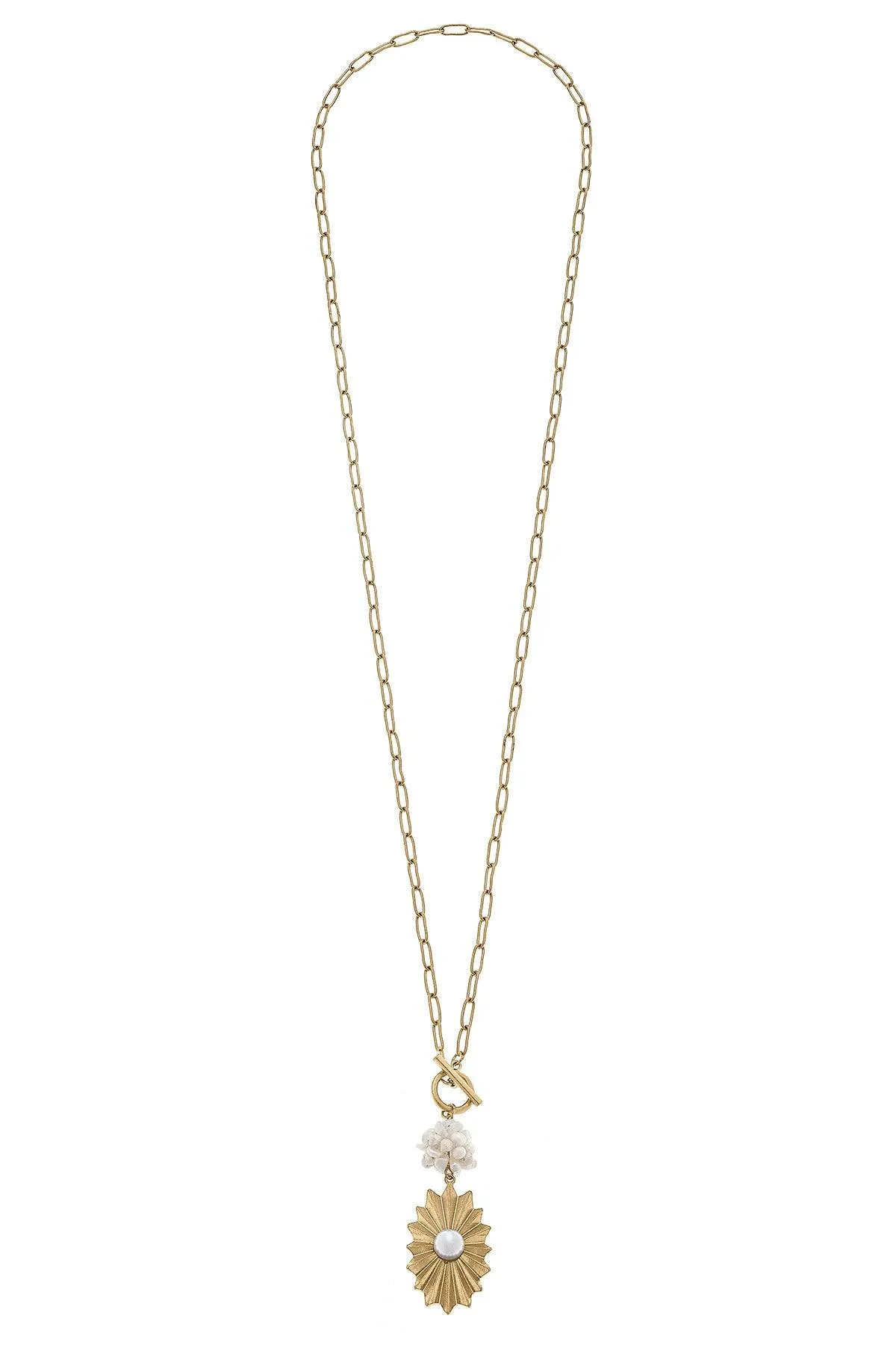 Bijou Sunburst Rosette & Pearl Cluster Pendant T-Bar Necklace in Worn Gold sold by Canvas Style product image thumbnail 2