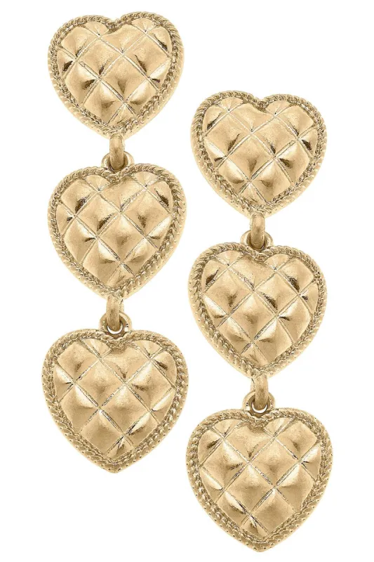Beatrice Quilted Metal Triple Heart Drop Earrings in Worn Gold sold by Canvas Style