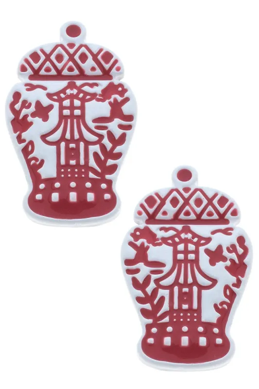 Aubree Enamel Pagoda Ginger Jar Stud Earrings in Pink & White sold by Canvas Style
